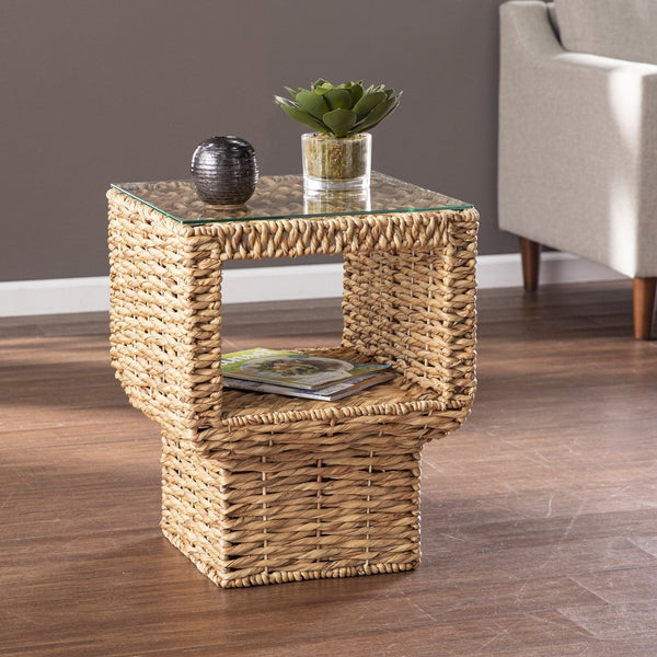 Safavieh Pallston Hand Woven Hyacinth Side Table With Tempered Glass Top For Boho Living Spaces OC1157706