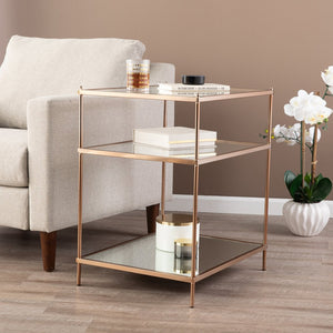 Safavieh Knox Tiered Accent Table With Tempered Glass Shelves And Mirrored Base For Glam Interiors OC2204