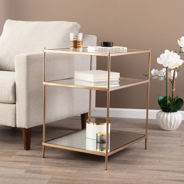 Safavieh Knox Tiered Accent Table With Tempered Glass Shelves And Mirrored Base For Glam Interiors OC2204