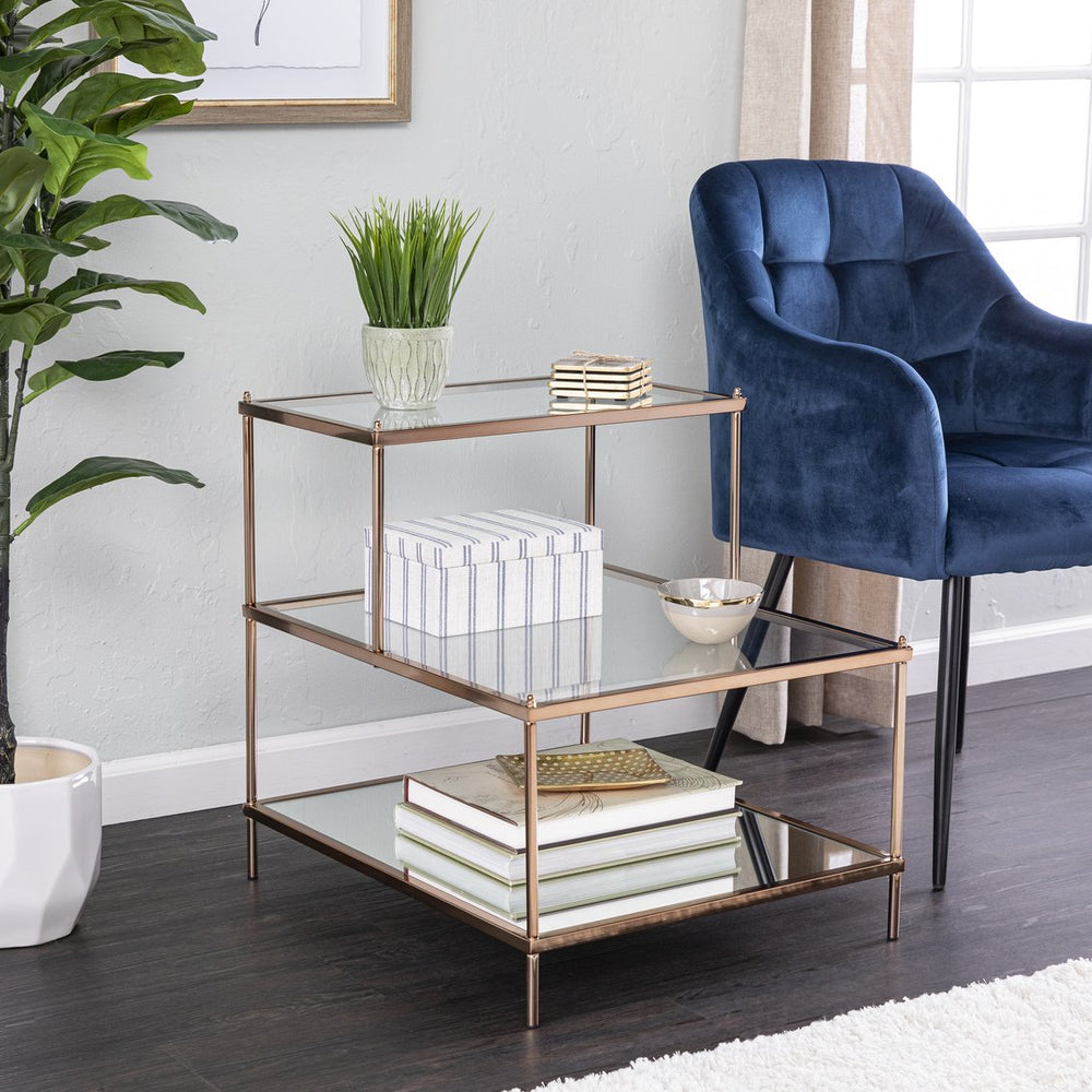 Safavieh Knox Tempered Glass And Iron Accent Table With Mirrored Shelf For Modern Living Spaces OC2205
