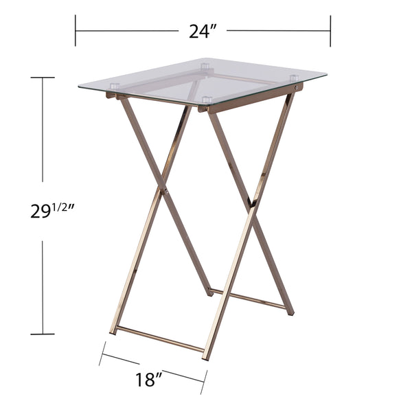 Safavieh Meridino Art Deco Folding Tray Table Tempered Glass Top Iron Frame Living Room Side OC2681