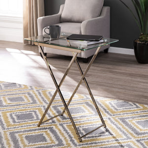 Safavieh Meridino Art Deco Folding Tray Table Tempered Glass Top Iron Frame Living Room Side OC2681