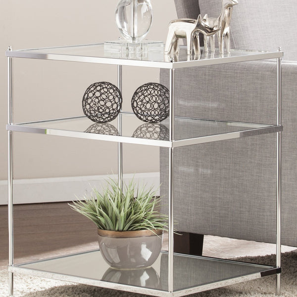 Safavieh Knox Art Deco Mirrored Side Table With Reflective Glass Shelves For Glam Living Spaces CHROME OC5204