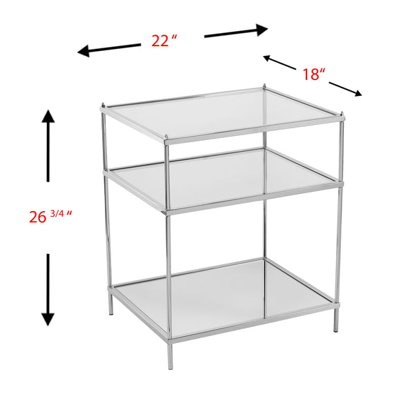 Safavieh Knox Art Deco Mirrored Side Table With Reflective Glass Shelves For Glam Living Spaces CHROME OC5204