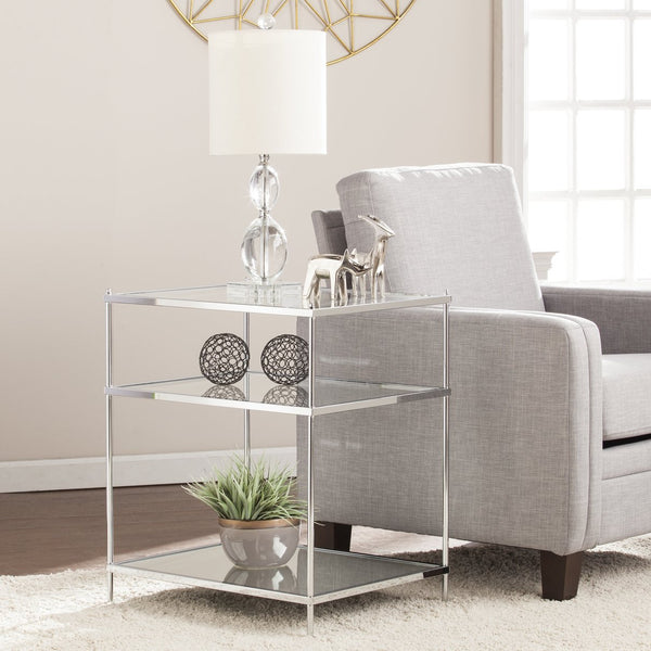 Safavieh Knox Art Deco Mirrored Side Table With Reflective Glass Shelves For Glam Living Spaces CHROME OC5204