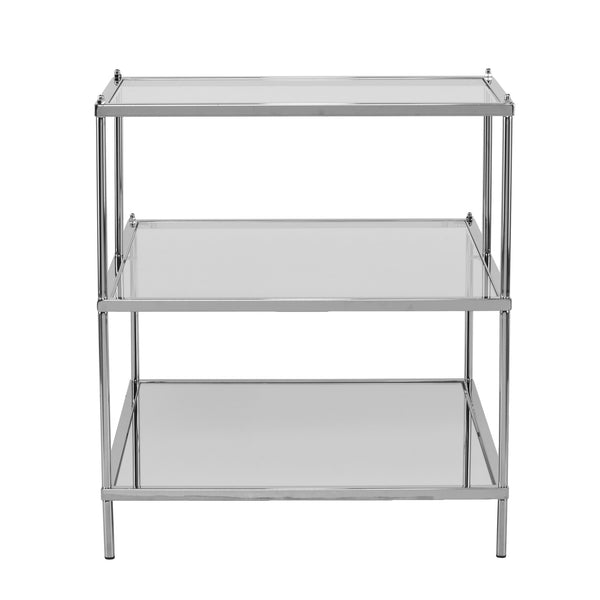 Safavieh Knox Glam Mirrored Accent Table With Stair Step Shelves And Drawer For Bedroom Decor CHROME OC5205