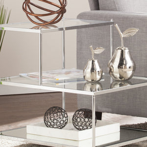 Safavieh Knox Glam Mirrored Accent Table With Stair Step Shelves And Drawer For Bedroom Decor CHROME OC5205