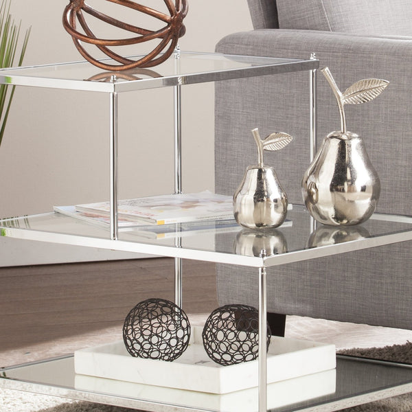 Safavieh Knox Glam Mirrored Accent Table With Stair Step Shelves And Drawer For Bedroom Decor CHROME OC5205