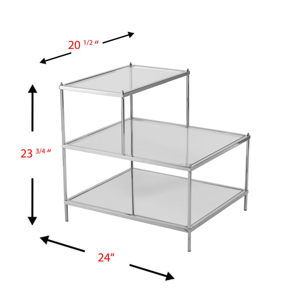 Safavieh Knox Glam Mirrored Accent Table With Stair Step Shelves And Drawer For Bedroom Decor CHROME OC5205