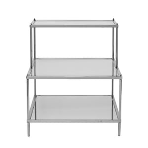 Safavieh Knox Glam Mirrored Accent Table With Stair Step Shelves And Drawer For Bedroom Decor CHROME OC5205