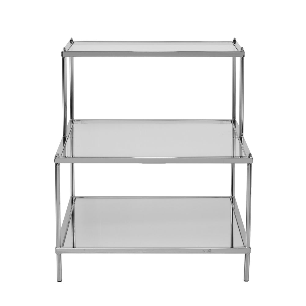 Safavieh Knox Glam Mirrored Accent Table With Stair Step Shelves And Drawer For Bedroom Decor CHROME OC5205