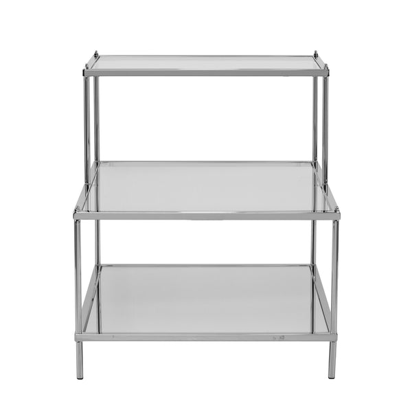 Safavieh Knox Glam Mirrored Accent Table With Stair Step Shelves And Drawer For Bedroom Decor CHROME OC5205