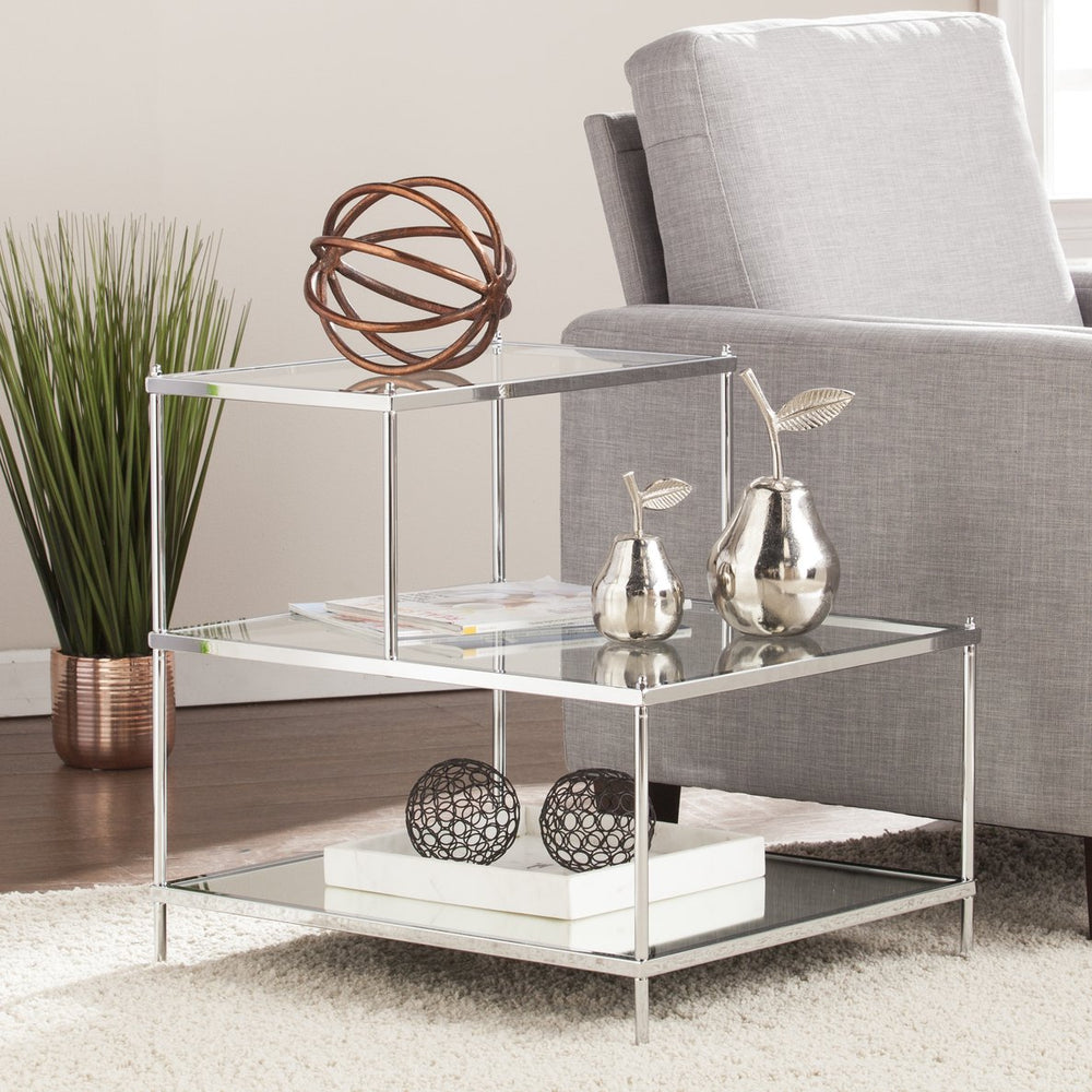 Safavieh Knox Glam Mirrored Accent Table With Stair Step Shelves And Drawer For Bedroom Decor CHROME OC5205