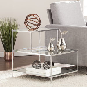 Safavieh Knox Glam Mirrored Accent Table With Stair Step Shelves And Drawer For Bedroom Decor CHROME OC5205