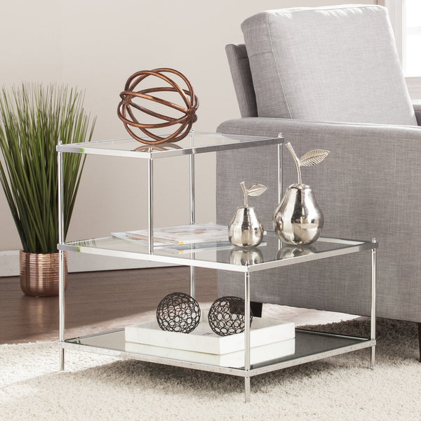 Safavieh Knox Glam Mirrored Accent Table With Stair Step Shelves And Drawer For Bedroom Decor CHROME OC5205
