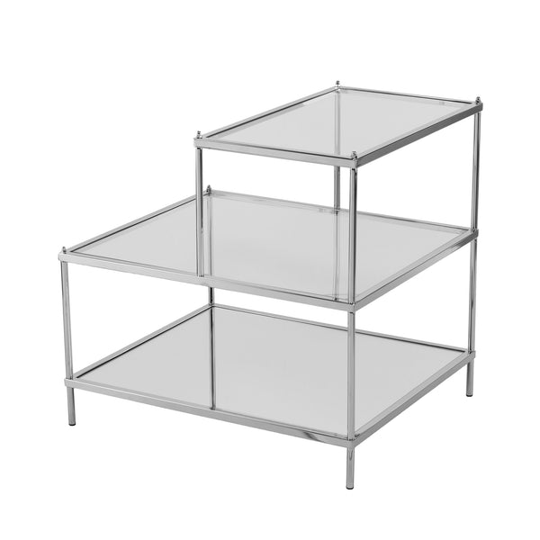 Safavieh Knox Glam Mirrored Accent Table With Stair Step Shelves And Drawer For Bedroom Decor CHROME OC5205