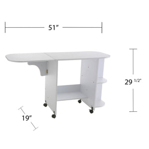 Safavieh Sewing Table With Solid Acacia Top Fold Down Leaf Rolling Casters And Open Storage Shelves OC9665