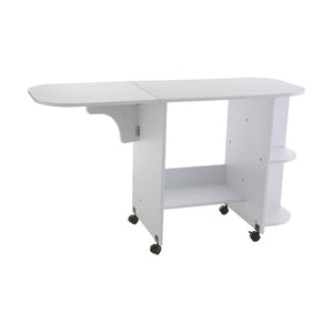 Safavieh Sewing Table With Solid Acacia Top Fold Down Leaf Rolling Casters And Open Storage Shelves OC9665