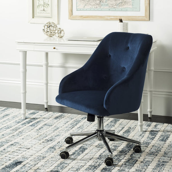 Safavieh Evelynn Stylish Tufted Velvet Swivel Office Chair With Sleek Chrome Legs For Modern Workspaces Navy / Chrome OCH4502B