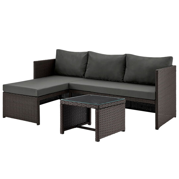 Manhattan Comfort Menton Modern Patio 2-Seater and Lounge Chair with Coffee Table Brown and Grey OD-CV009-GY