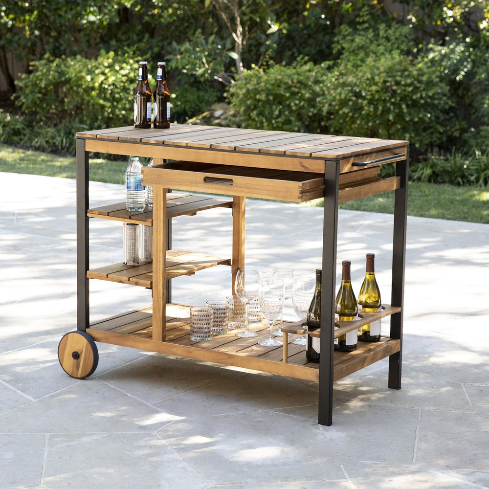 Safavieh Murcott Outdoor Bar Cart In Acacia Wood And Iron With Shelves For Patio Entertaining OD1089040