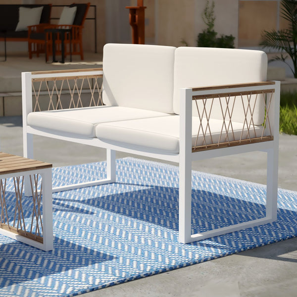 Safavieh Wallmond Outdoor Loveseat Acacia Wood And Powder Coated Steel Coastal Patio Settee NATURAL OD1140709
