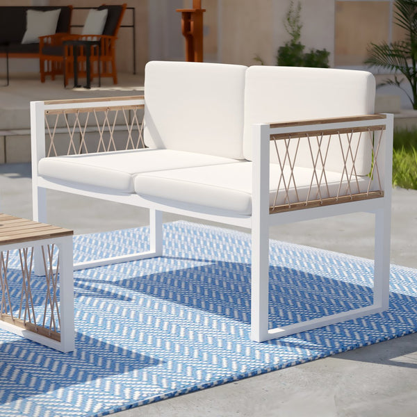 Safavieh Wallmond Outdoor Loveseat Acacia Wood And Powder Coated Steel Coastal Patio Settee NATURAL OD1140709