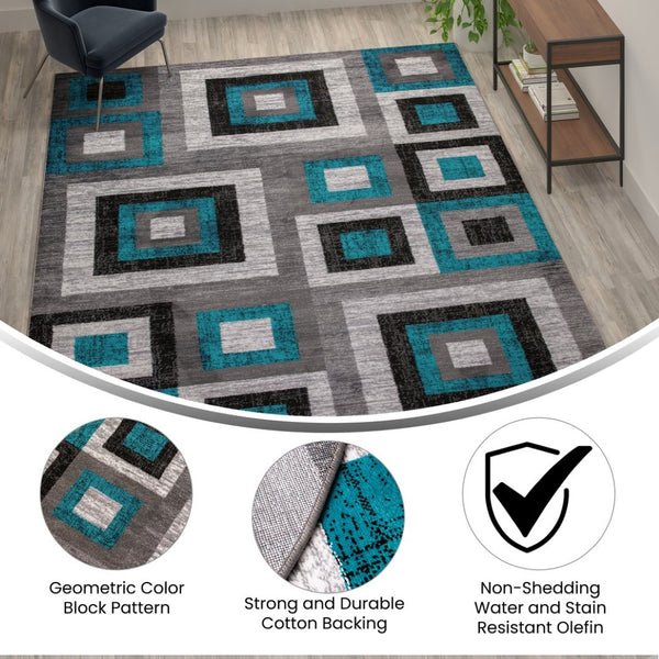 English Elm Gideon Collection Geometric 8' x 10' Turquoise & Grey Area Rug - Stylish, Durable, Kid & Pet Friendly OK-HCF-7146ATUR-810-TUR-GG