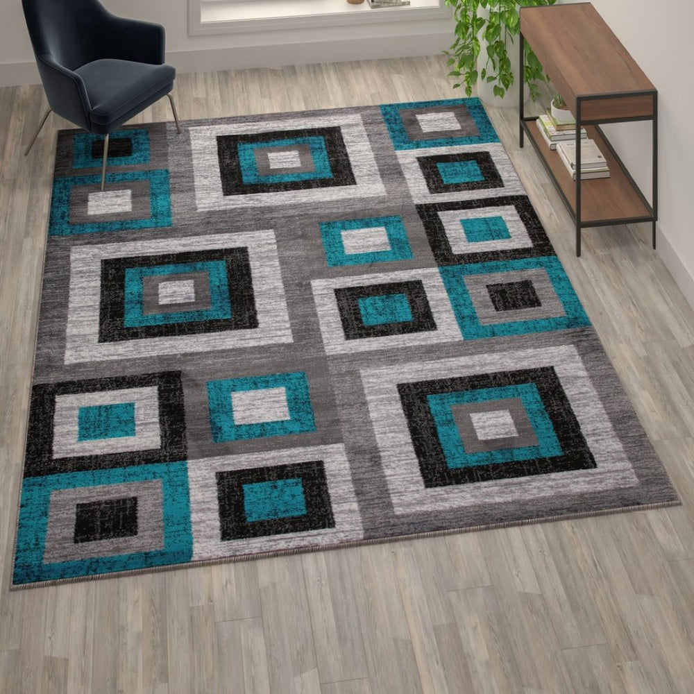 English Elm Gideon Collection Geometric 8' x 10' Turquoise & Grey Area Rug - Stylish, Durable, Kid & Pet Friendly OK-HCF-7146ATUR-810-TUR-GG