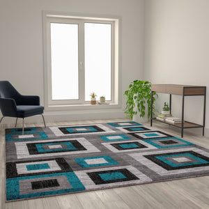 English Elm Gideon Collection Geometric 8' x 10' Turquoise & Grey Area Rug - Stylish, Durable, Kid & Pet Friendly OK-HCF-7146ATUR-810-TUR-GG