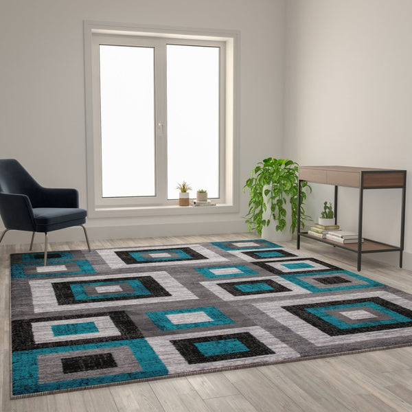 English Elm Gideon Collection Geometric 8' x 10' Turquoise & Grey Area Rug - Stylish, Durable, Kid & Pet Friendly OK-HCF-7146ATUR-810-TUR-GG