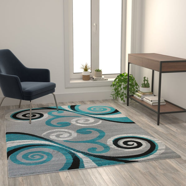 English Elm Valli Contemporary Abstract Area Rug - Soft Olefin with Jute Backing for High-Traffic Spaces Turquoise 5' x 7' OKR-RG1100-57-TQ-GG