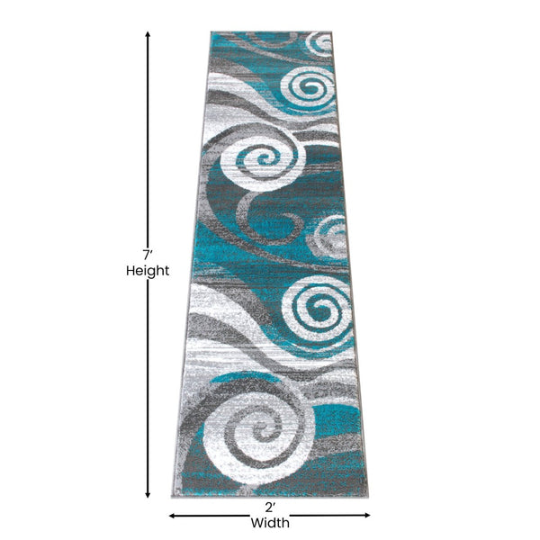 English Elm Cirrus Collection Contemporary Swirl Pattern Olefin Area Rug for Stylish Entryways and Living Spaces Turquoise 2' x 7' OKR-RG1103-27-TQ-GG