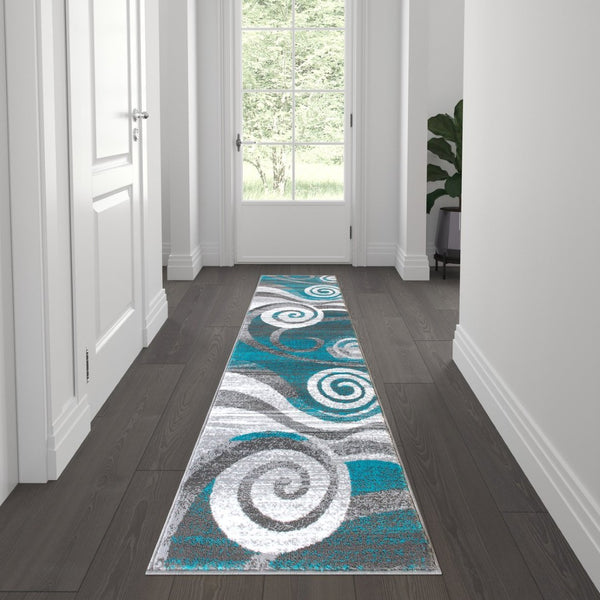 English Elm Cirrus Collection Contemporary Swirl Pattern Olefin Area Rug for Stylish Entryways and Living Spaces Turquoise 2' x 7' OKR-RG1103-27-TQ-GG