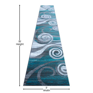 English Elm Cirrus Collection Contemporary Swirl Pattern Olefin Area Rug for Stylish Entryways and Living Spaces Turquoise 3' x 16' OKR-RG1103-316-TQ-GG