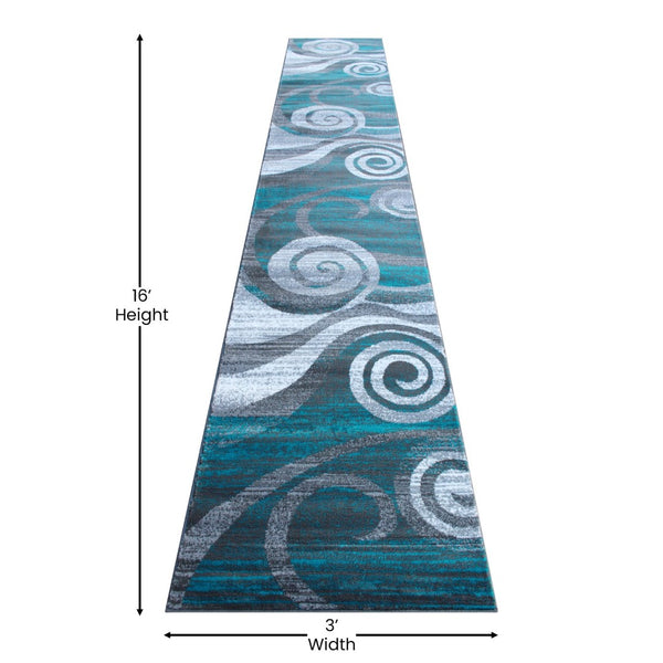 English Elm Cirrus Collection Contemporary Swirl Pattern Olefin Area Rug for Stylish Entryways and Living Spaces Turquoise 3' x 16' OKR-RG1103-316-TQ-GG