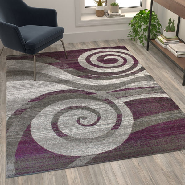 English Elm Cirrus Collection Contemporary Swirl Pattern Olefin Area Rug for Stylish Entryways and Living Spaces Purple 5' x 7' OKR-RG1103-57-PU-GG