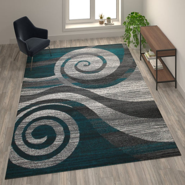 English Elm Cirrus Collection Contemporary Swirl Pattern Olefin Area Rug for Stylish Entryways and Living Spaces Turquoise 8' x 10' OKR-RG1103-810-TQ-GG