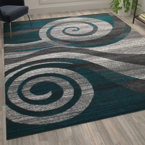 English Elm Cirrus Collection Contemporary Swirl Pattern Olefin Area Rug for Stylish Entryways and Living Spaces Turquoise 8' x 10' OKR-RG1103-810-TQ-GG