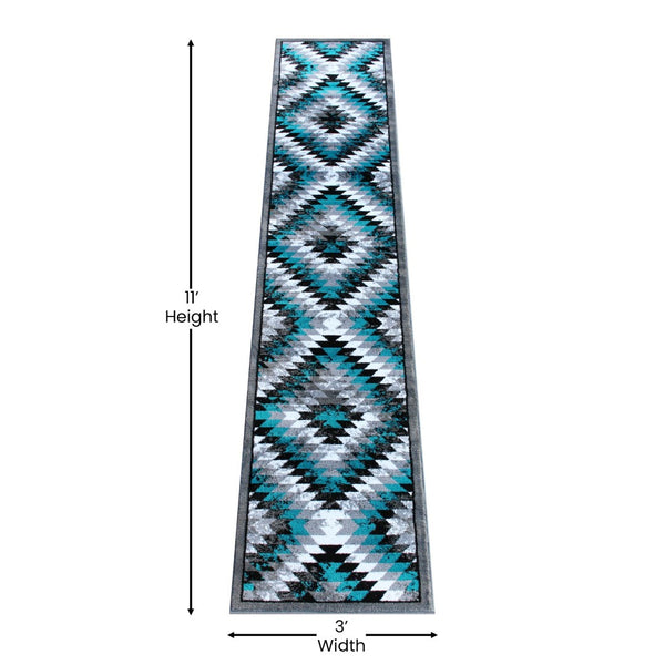 English Elm Teagan Collection Southwestern Runner Rug - Plush Olefin with Jute Backing for Entryway Style Turquoise 2' x 11' OKR-RG1106-211-TQ-GG