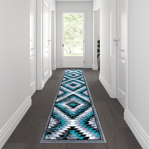 English Elm Teagan Collection Southwestern Runner Rug - Plush Olefin with Jute Backing for Entryway Style Turquoise 2' x 11' OKR-RG1106-211-TQ-GG