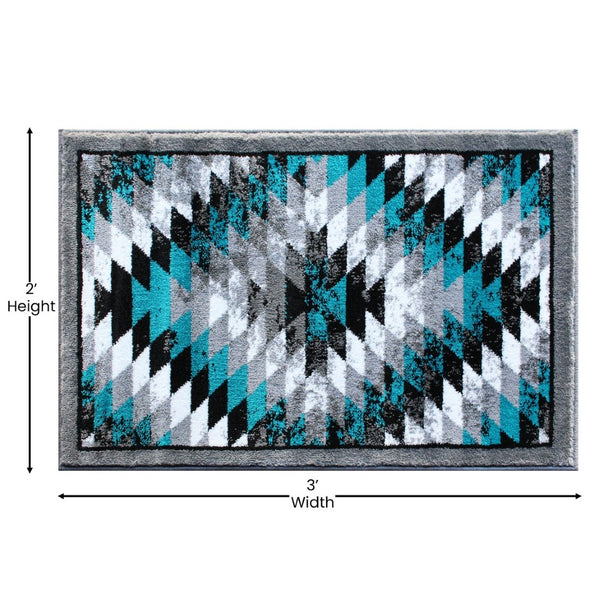 English Elm Teagan Collection Southwestern Runner Rug - Plush Olefin with Jute Backing for Entryway Style Turquoise 2' x 3' OKR-RG1106-23-TQ-GG