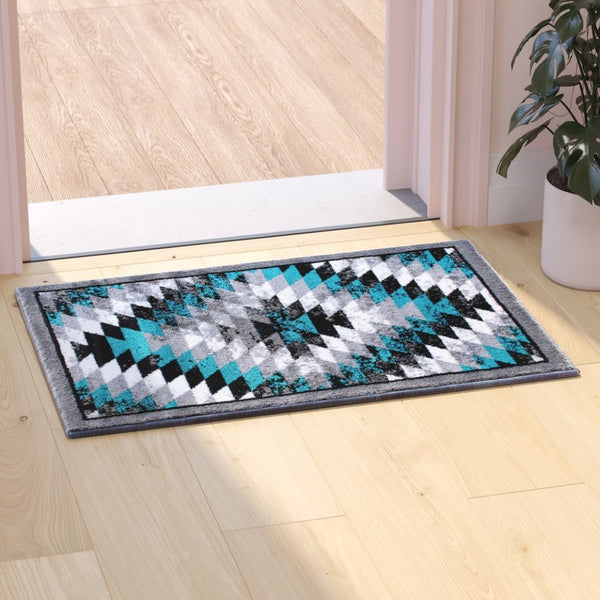 English Elm Teagan Collection Southwestern Runner Rug - Plush Olefin with Jute Backing for Entryway Style Turquoise 2' x 3' OKR-RG1106-23-TQ-GG