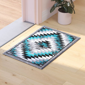English Elm Teagan Collection Southwestern Runner Rug - Plush Olefin with Jute Backing for Entryway Style Turquoise 2' x 3' OKR-RG1106-23-TQ-GG