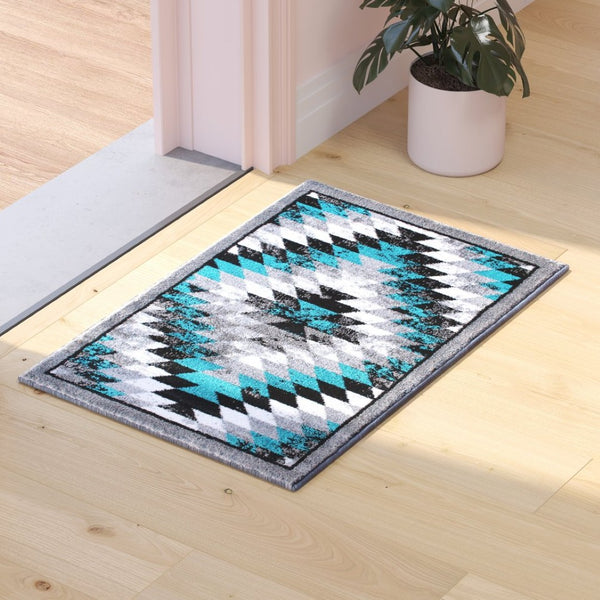 English Elm Teagan Collection Southwestern Runner Rug - Plush Olefin with Jute Backing for Entryway Style Turquoise 2' x 3' OKR-RG1106-23-TQ-GG