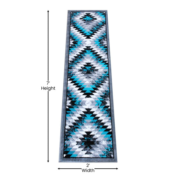 English Elm Teagan Collection Southwestern Runner Rug - Plush Olefin with Jute Backing for Entryway Style Turquoise 2' x 7' OKR-RG1106-27-TQ-GG