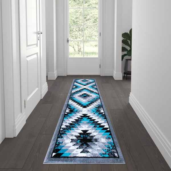 English Elm Teagan Collection Southwestern Runner Rug - Plush Olefin with Jute Backing for Entryway Style Turquoise 2' x 7' OKR-RG1106-27-TQ-GG