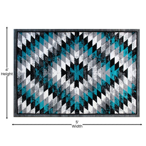 English Elm Teagan Collection Southwestern Runner Rug - Plush Olefin with Jute Backing for Entryway Style Turquoise 4' x 5' OKR-RG1106-45-TQ-GG