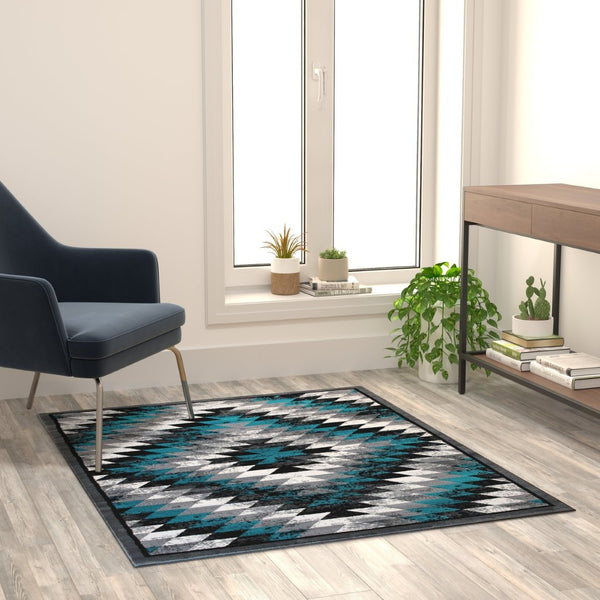 English Elm Teagan Collection Southwestern Runner Rug - Plush Olefin with Jute Backing for Entryway Style Turquoise 4' x 5' OKR-RG1106-45-TQ-GG