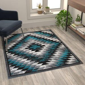 English Elm Teagan Collection Southwestern Runner Rug - Plush Olefin with Jute Backing for Entryway Style Turquoise 4' x 5' OKR-RG1106-45-TQ-GG